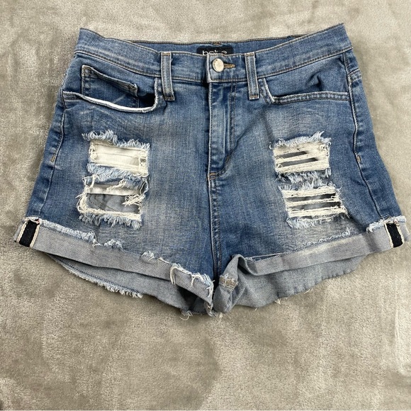 Bebe Classic Blue Distressed Ripped Jean Shorts Size 28 - Picture 1 of 9